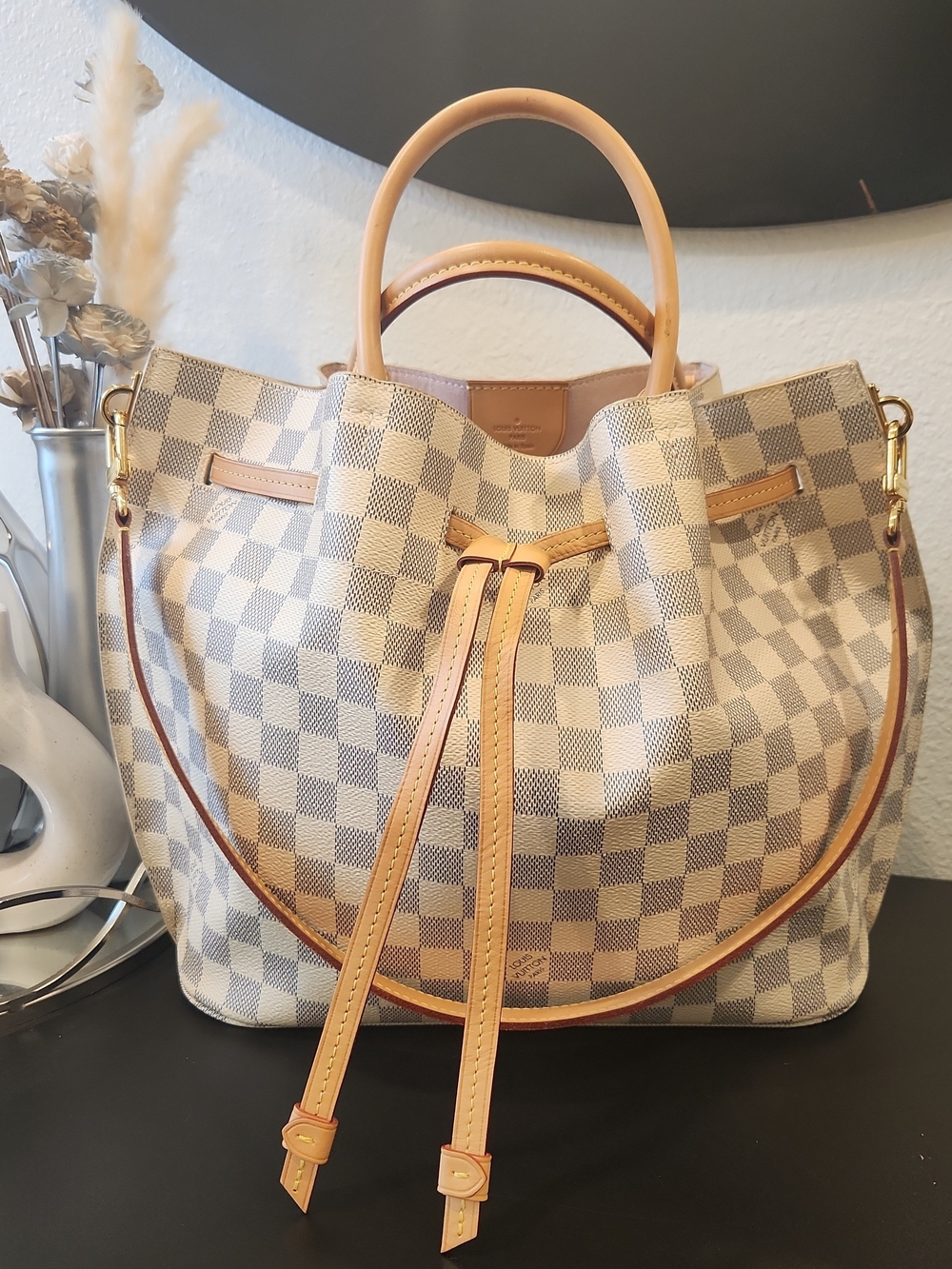 Louis Vuitton Damier Azur Girolata Checkered Tote in Beige and Tan